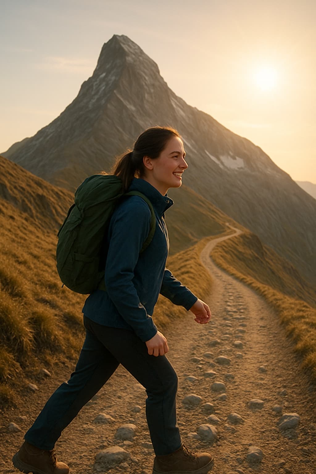 Female hiker celebrating at mountain summit